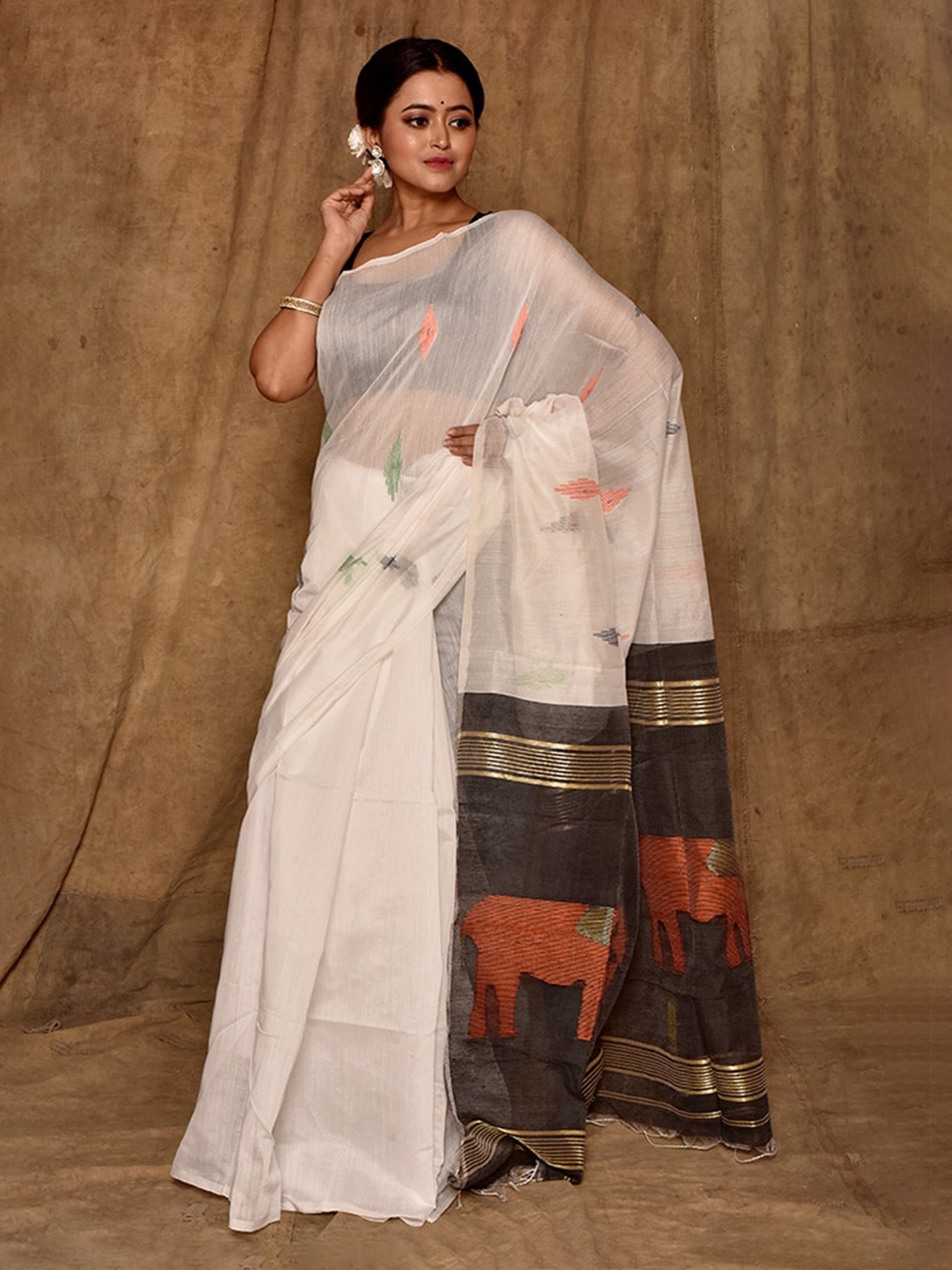 

AllSilks Woven Design Matka Silk Saree, Cream