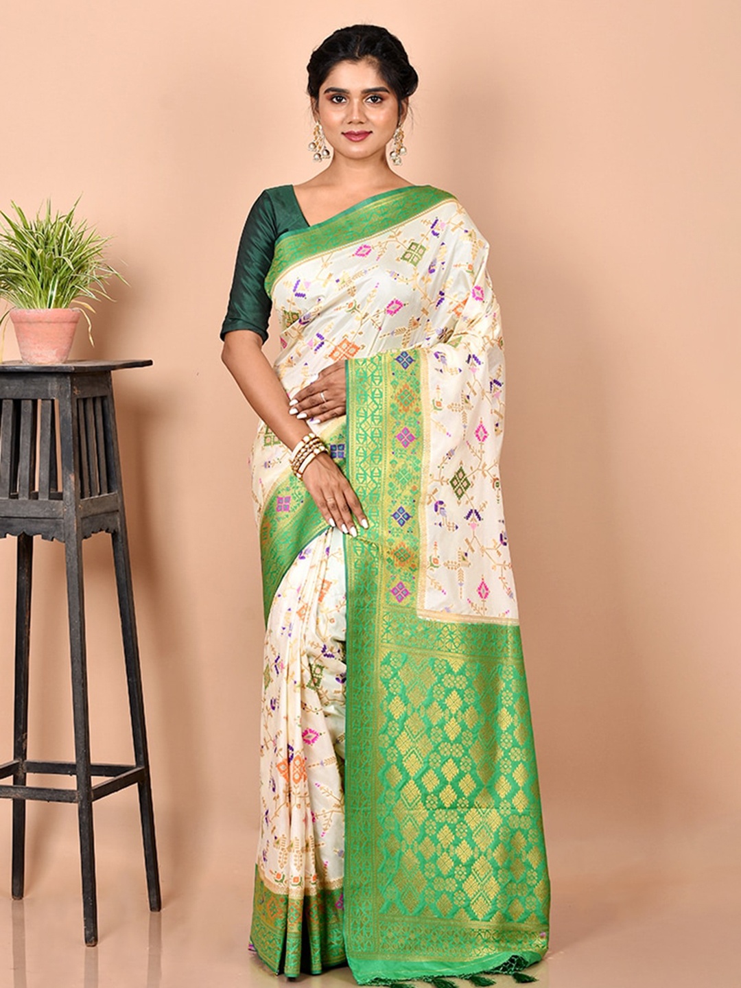 

AllSilks White & Green Ethnic Motifs Zari Silk Blend Saree