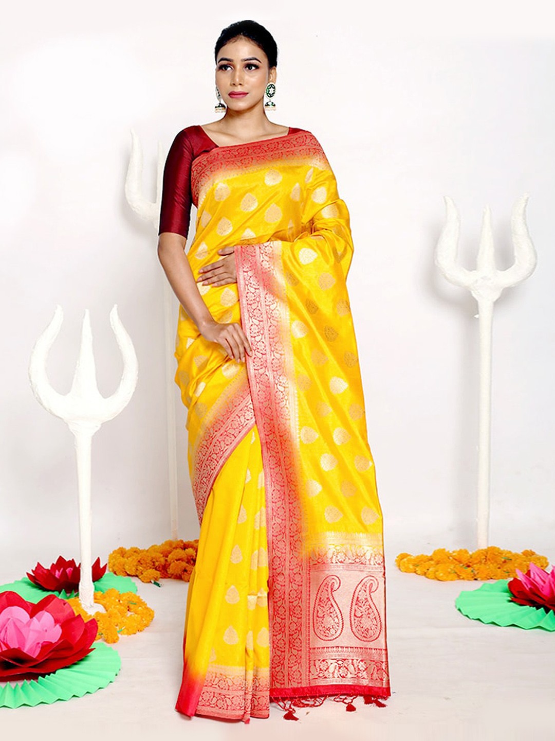 

AllSilks Yellow & Red Ethnic Motifs Silk Blend Saree