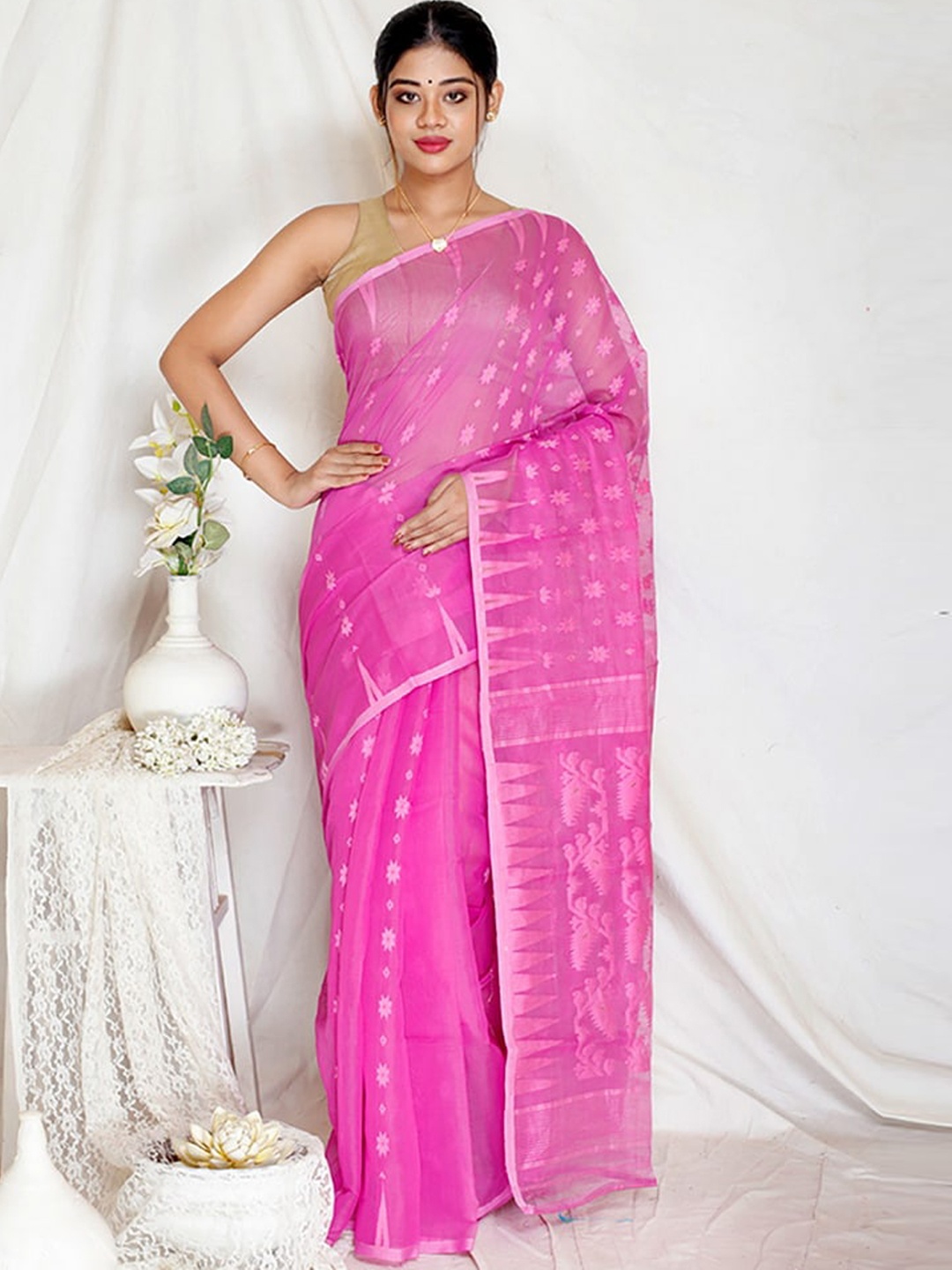 

AllSilks Pink Ethnic Motifs Pure Cotton Taant Saree