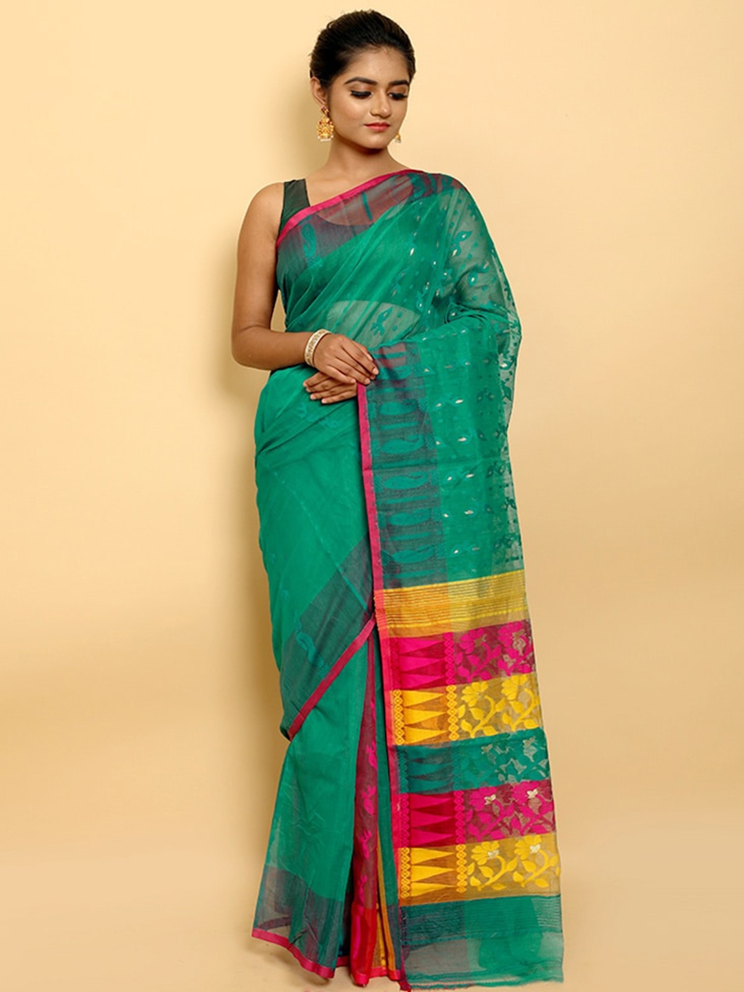

AllSilks Green & Pink Ethnic Motifs Pure Cotton Jamdani Saree