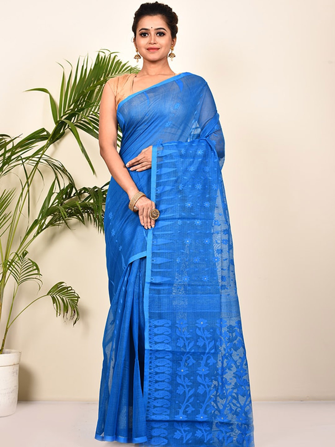 

AllSilks Blue Ethnic Motifs Pure Cotton Taant Saree