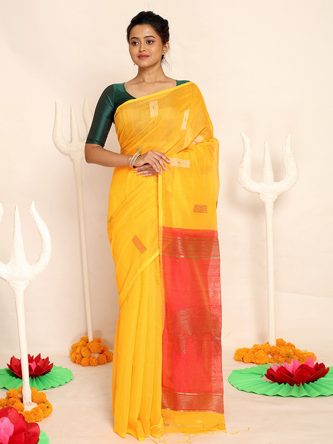 

AllSilks Yellow & Red Silk Blend Saree