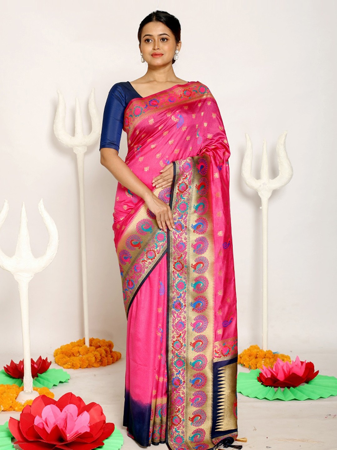 

AllSilks Pink & Blue Ethnic Motifs Pure Silk Saree
