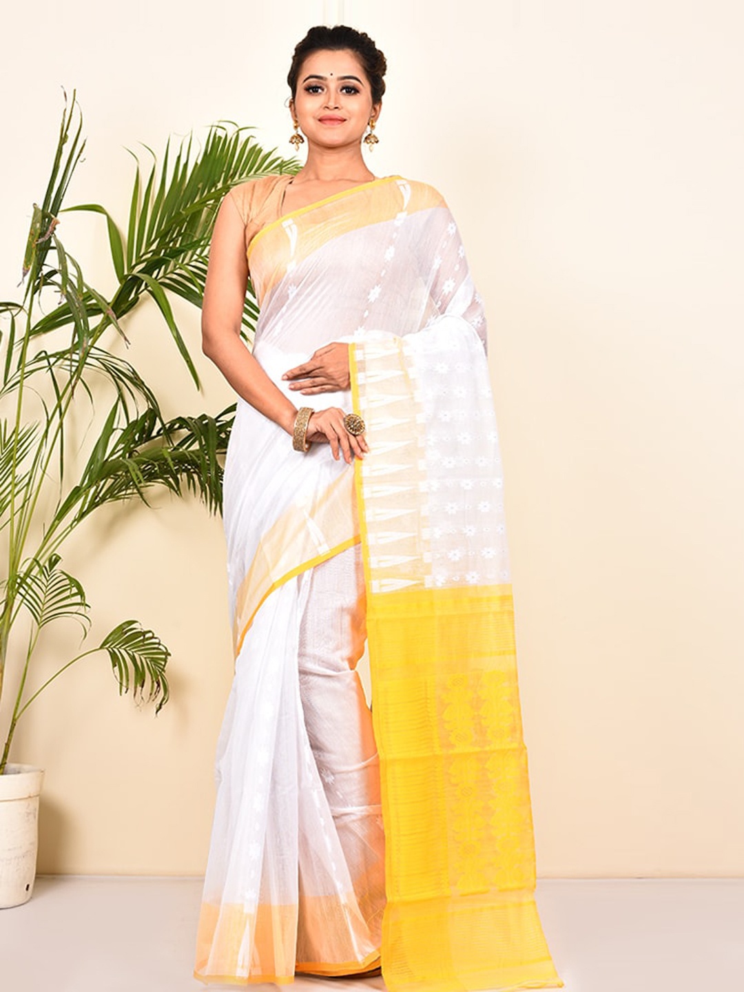 

AllSilks White & Yellow Ethnic Motifs Saree