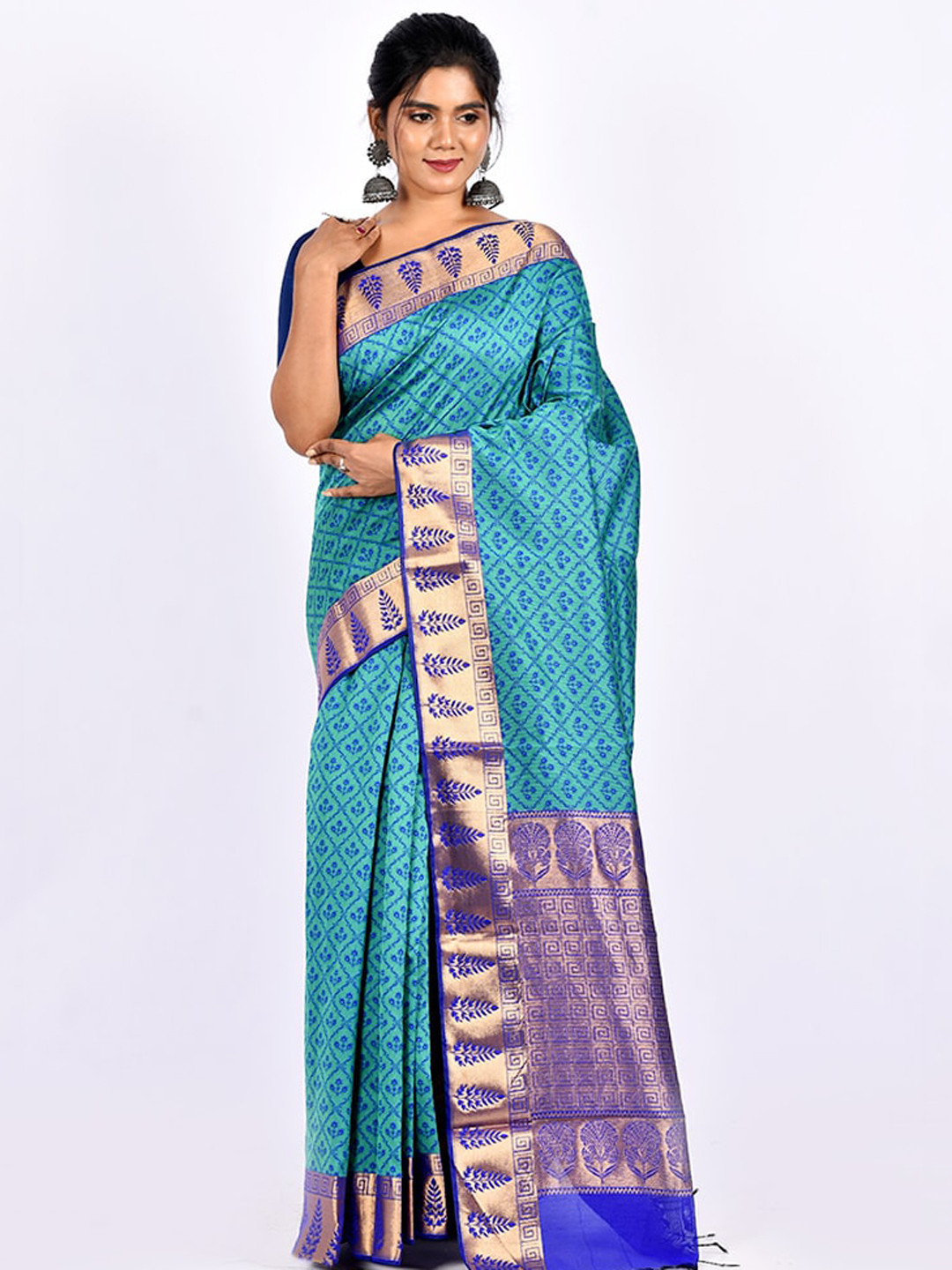 

AllSilks Sea Green & Navy Blue Ethnic Motifs Zari Pure Cotton Saree