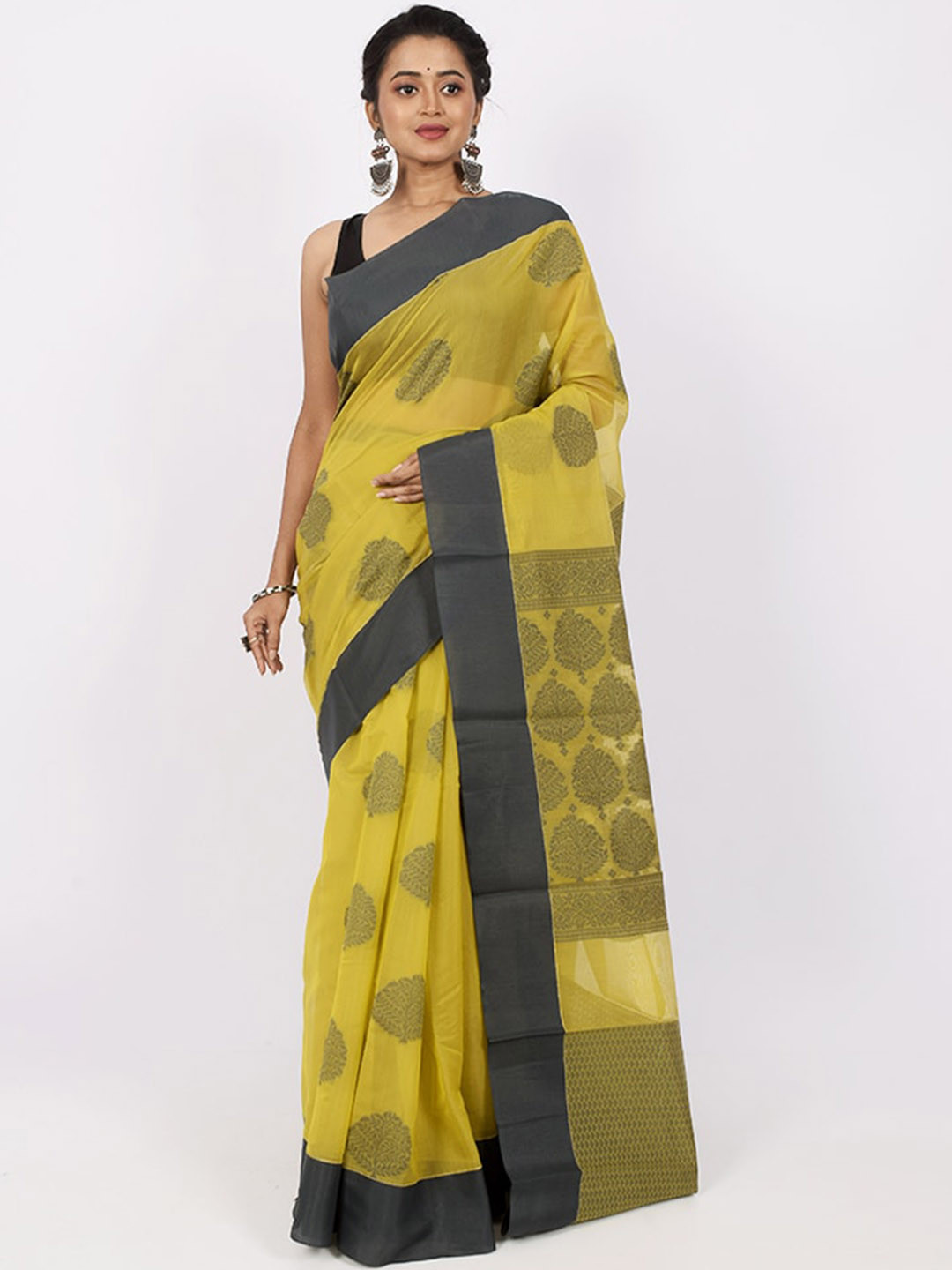 

AllSilks Lime Green & Black Ethnic Motifs Saree