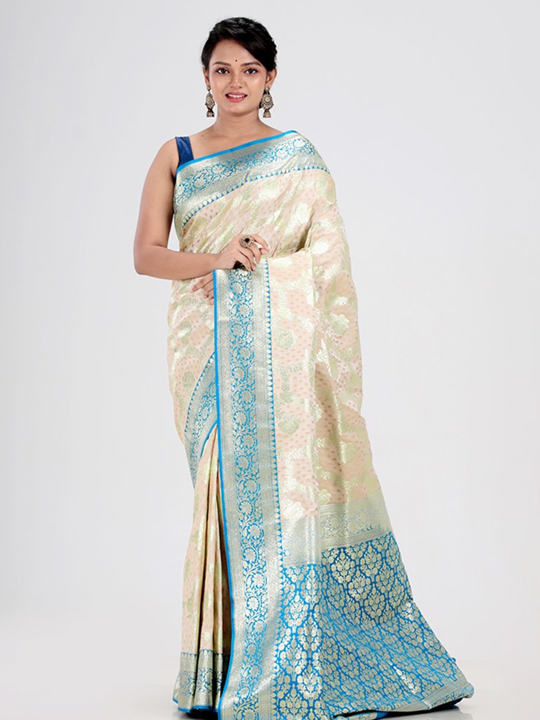 

AllSilks Cream-Coloured & Blue Ethnic Motifs Pure Silk Banarasi Saree