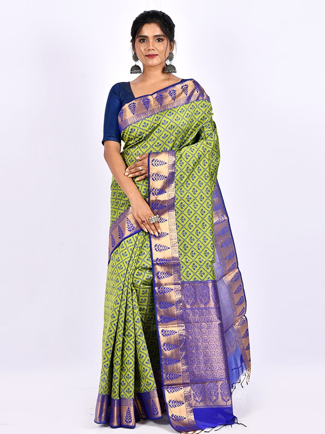 

AllSilks Green & Navy Blue Ethnic Motifs Saree