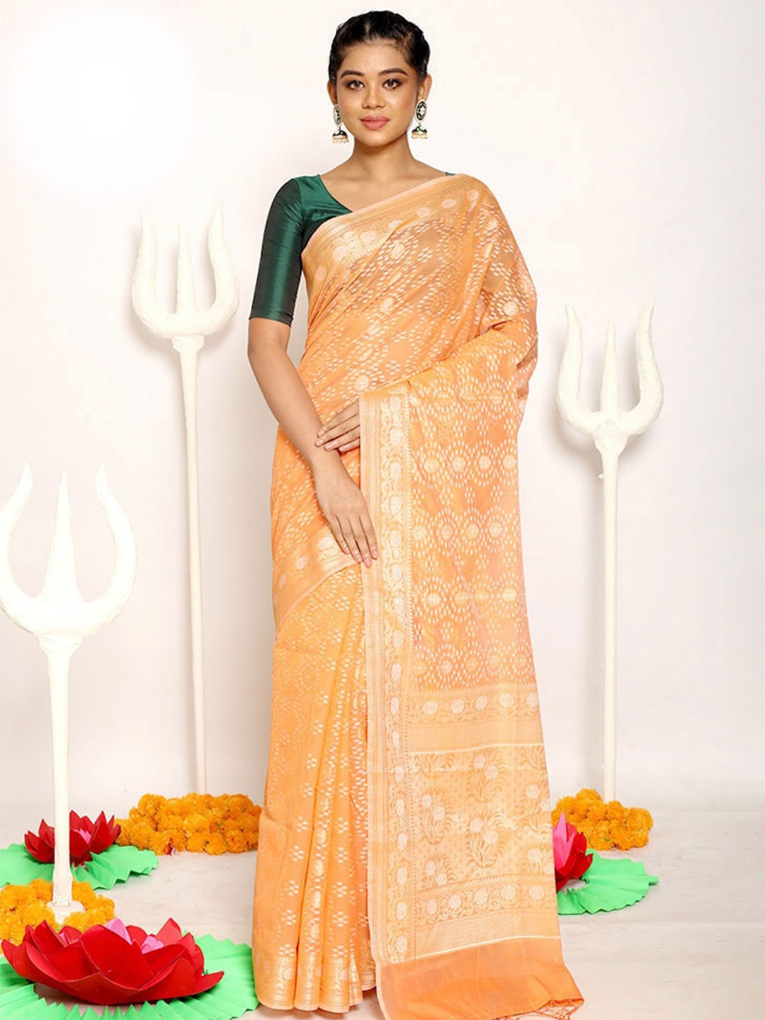 

AllSilks Orange & White Ethnic Motifs Kora Silk Saree