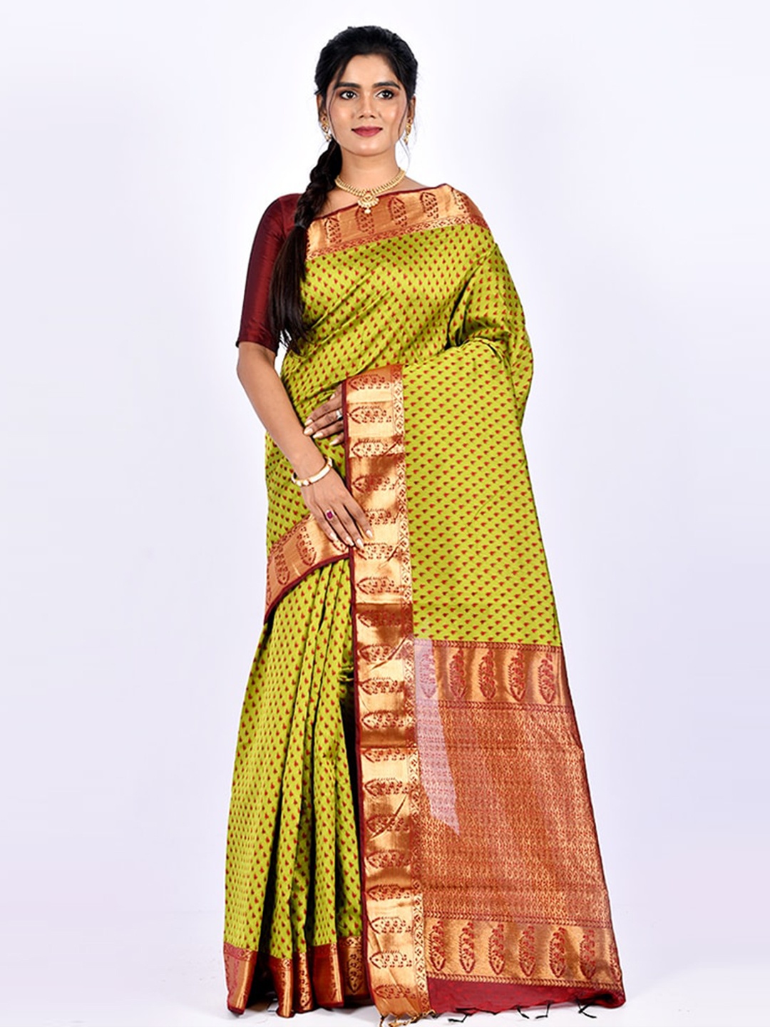 

AllSilks Lime Green & Copper-Toned Ethnic Motifs Saree