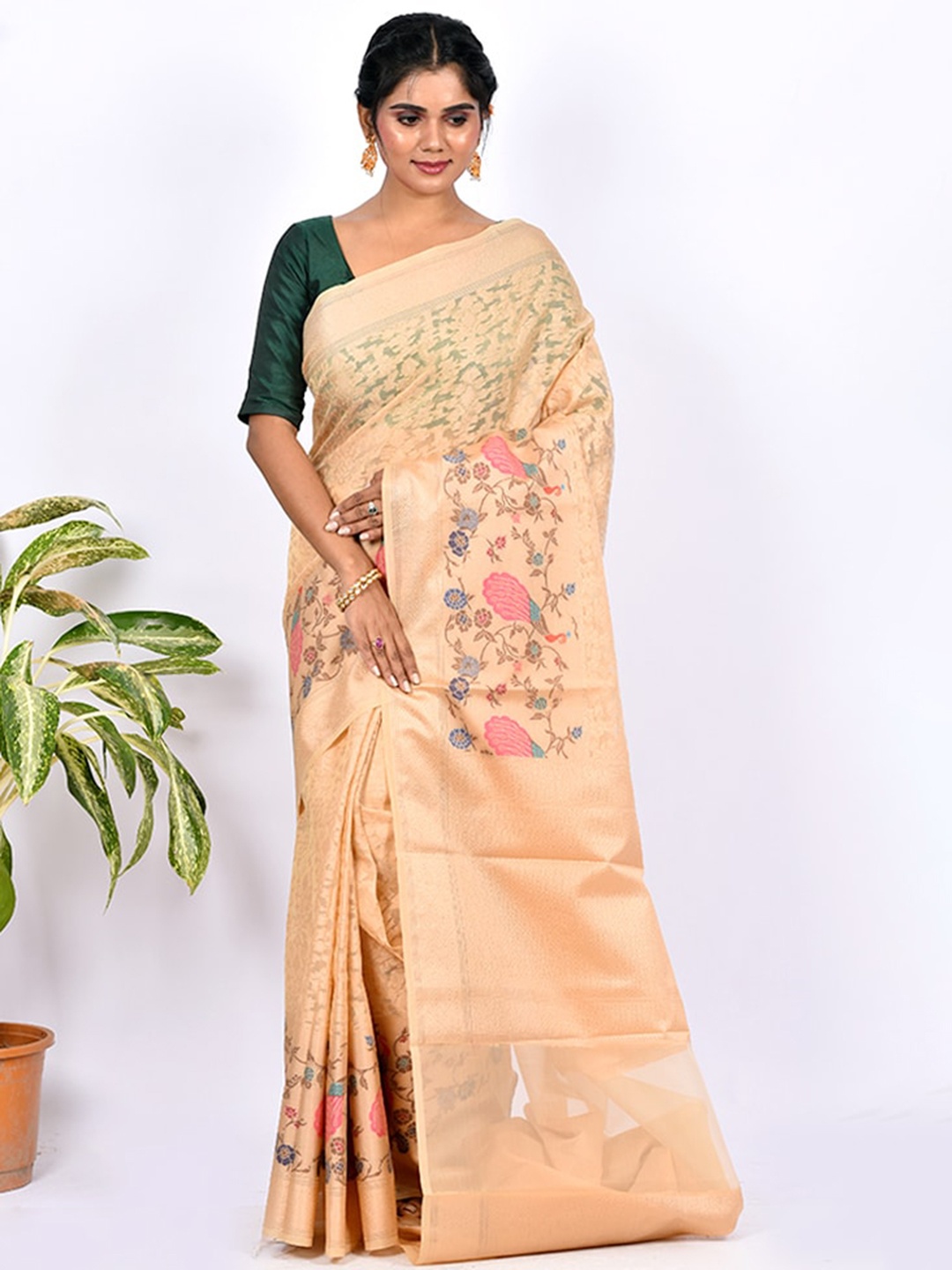 

AllSilks Peach-Coloured & Blue Woven Design Zari Silk Saree