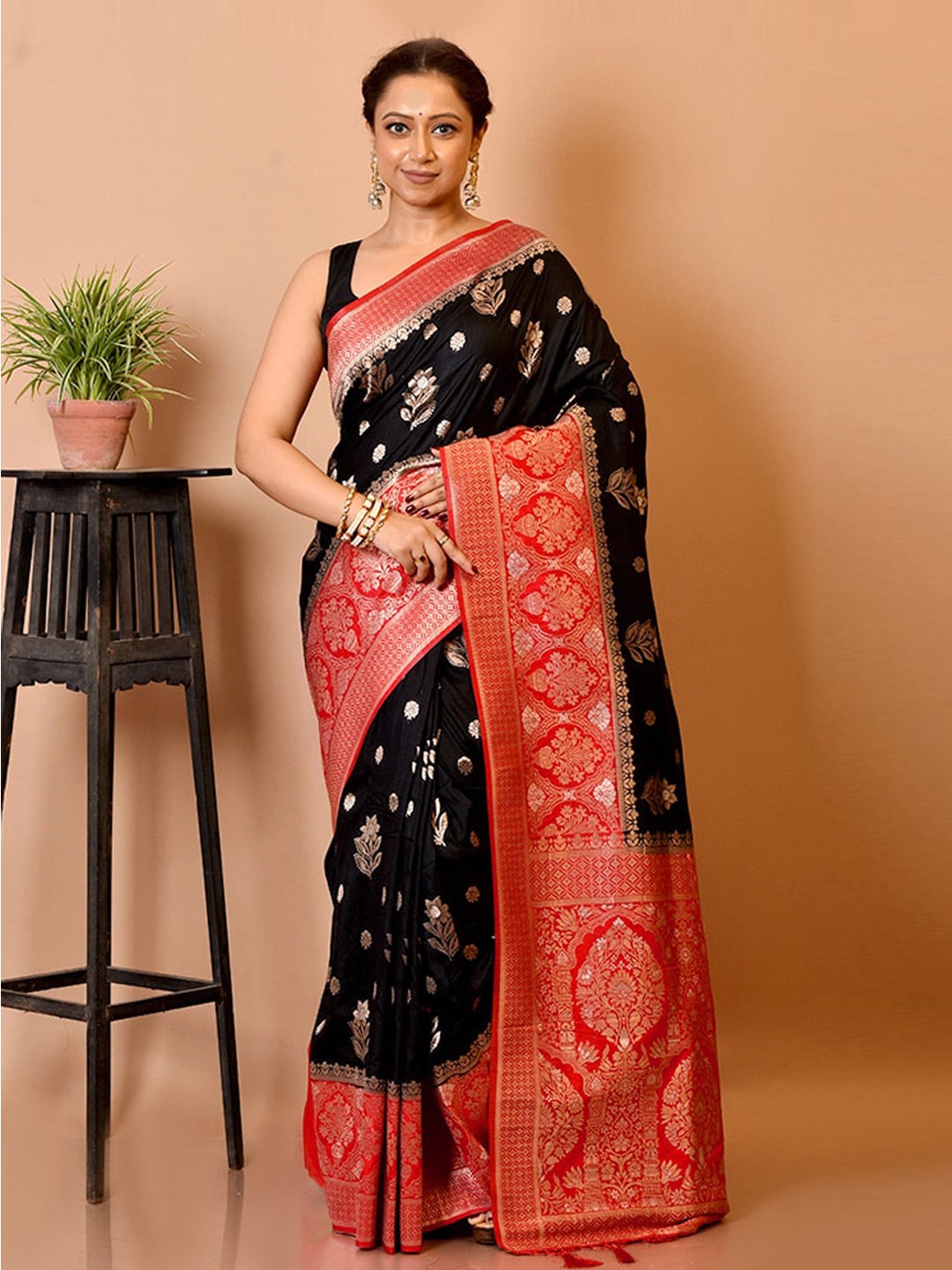 

AllSilks Black & Red Floral Silk Saree