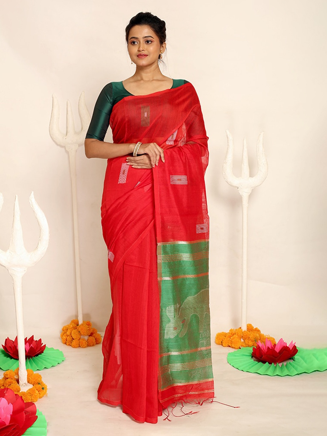 

AllSilks Red & Green Ethnic Motifs Silk Saree