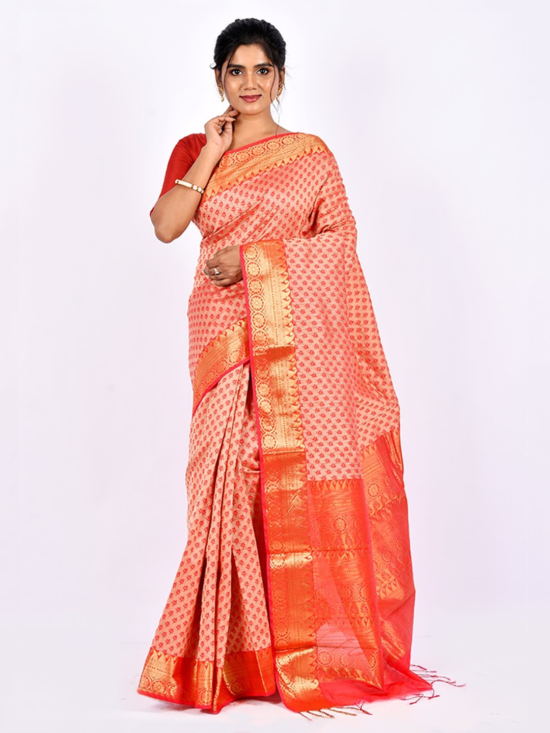 

AllSilks Peach-Coloured & Red Ethnic Motifs Cotton Zari Saree