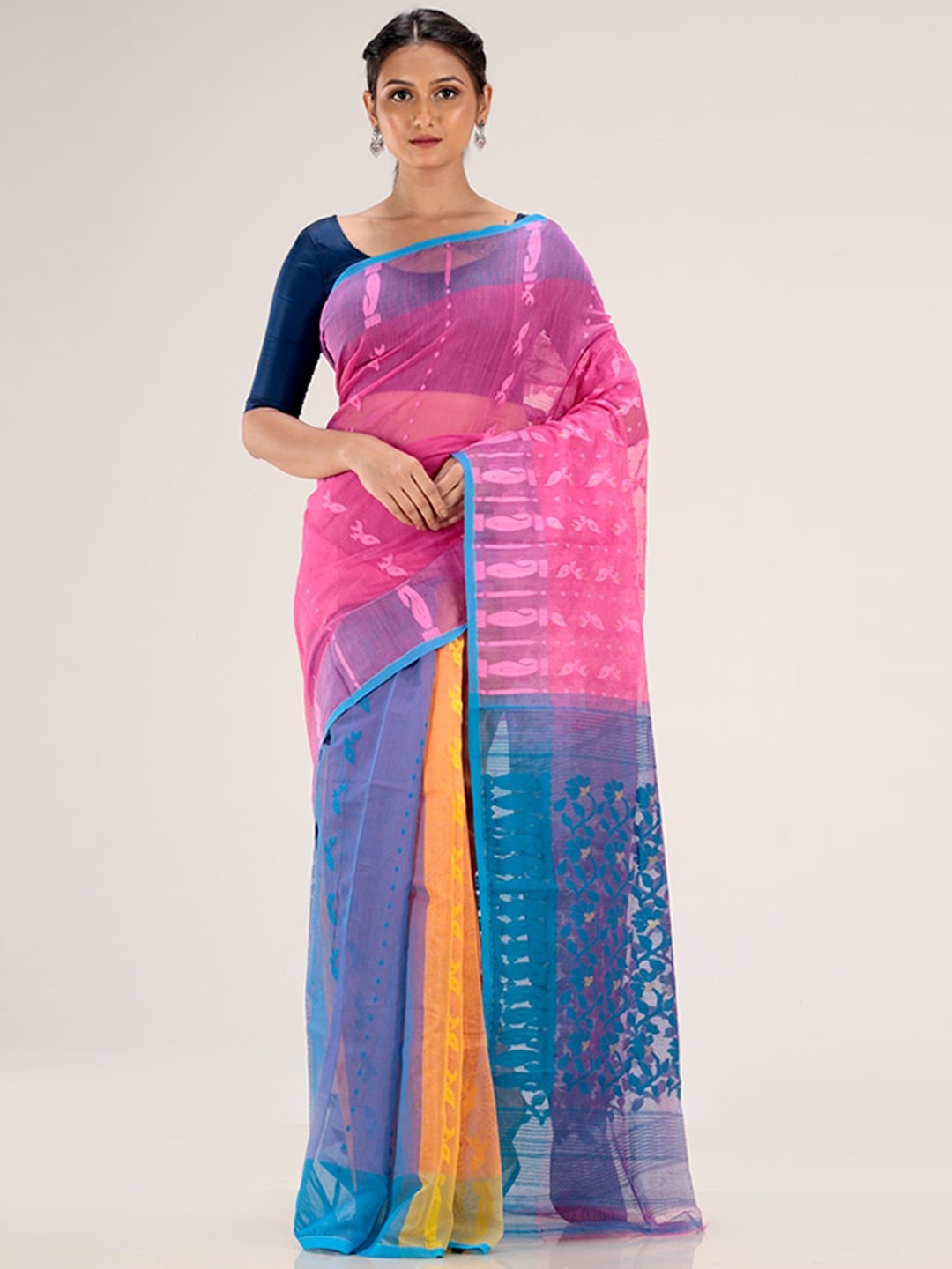 

AllSilks Blue & Pink Ethnic Motifs Jamdani Saree