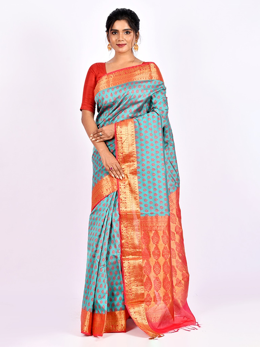 

AllSilks Green & Red Ethnic Motifs Pure Cotton Saree