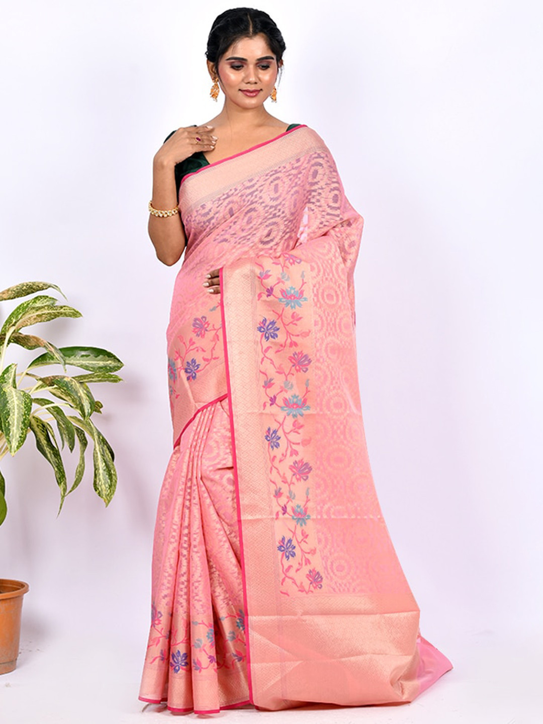 

AllSilks Pink & Blue Floral Silk Blend Saree