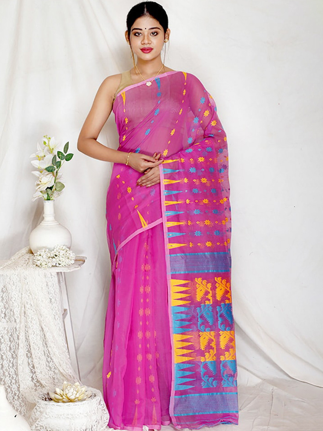 

AllSilks Pink & Blue Ethnic Motifs Taant Saree