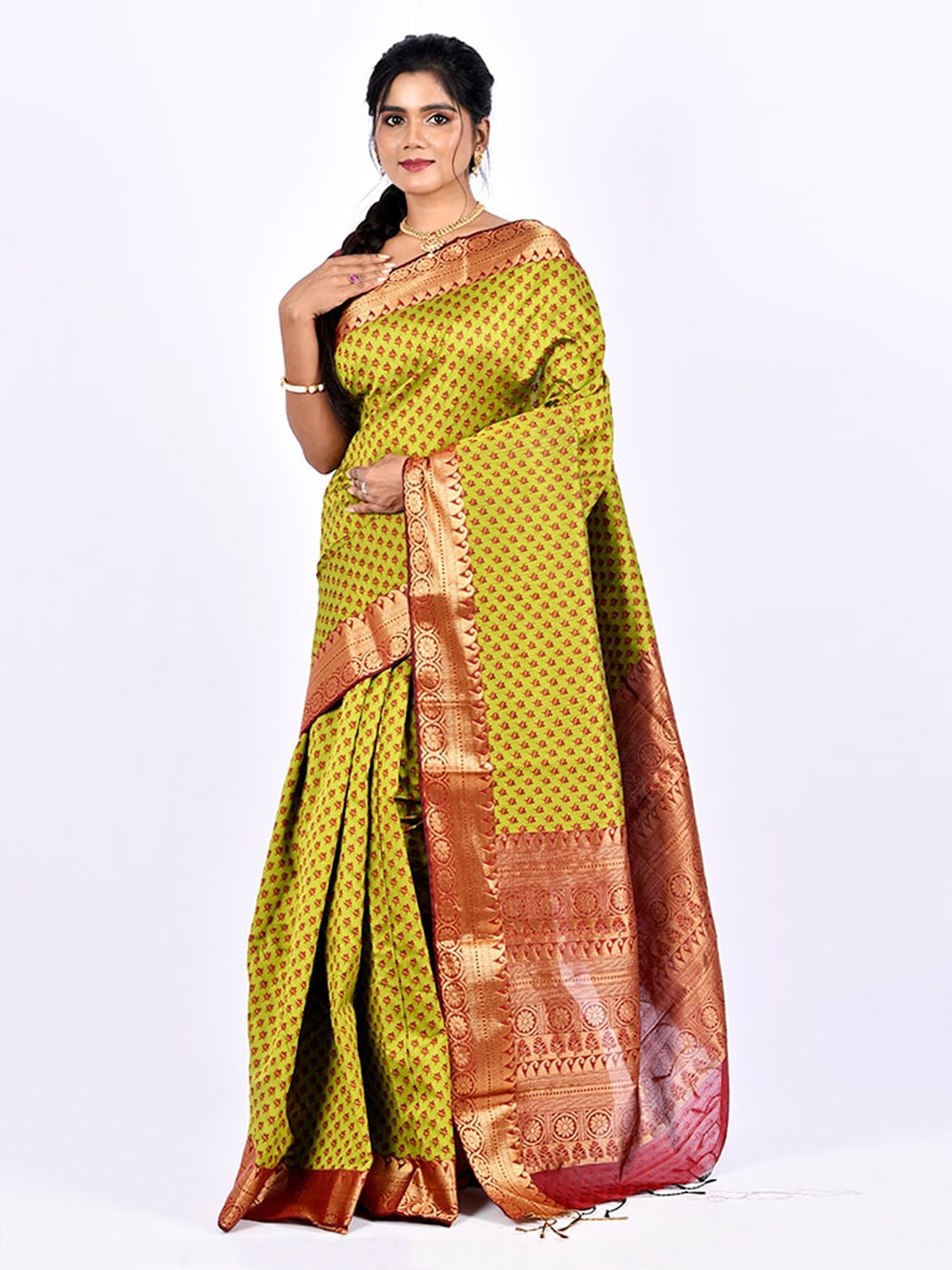 

AllSilks Green & Red Ethnic Motifs Cotton Zari Saree