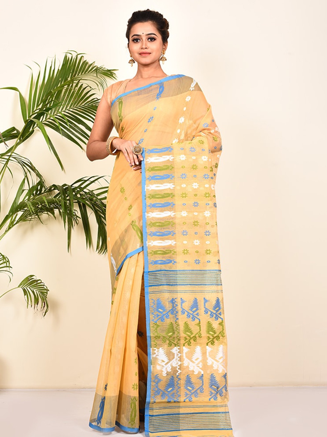 

AllSilks Cream-Coloured Ethnic Motifs Pure Cotton Taant Saree