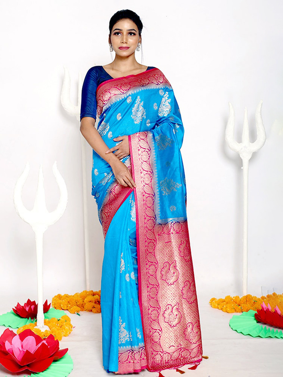 

AllSilks Blue & Pink Ethnic Motifs Silk Saree