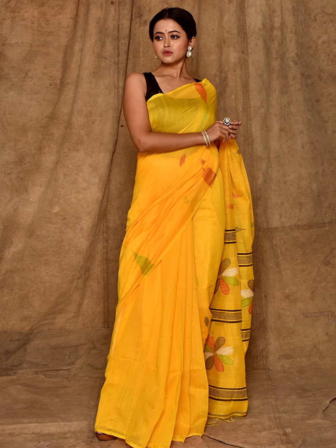 

AllSilks Yellow & Black Floral Silk Blend Saree