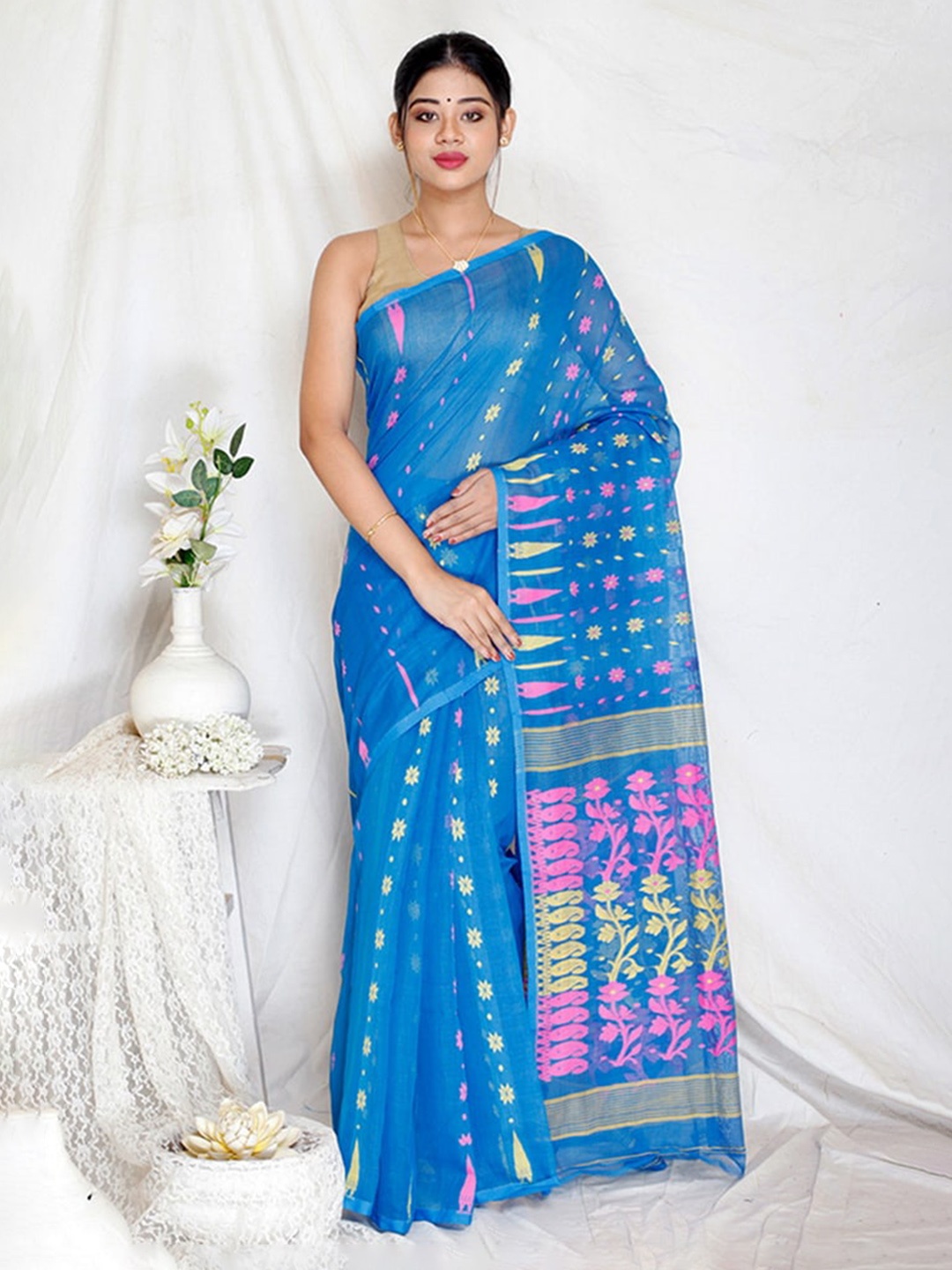 

AllSilks Blue & Pink Ethnic Motifs Taant Saree