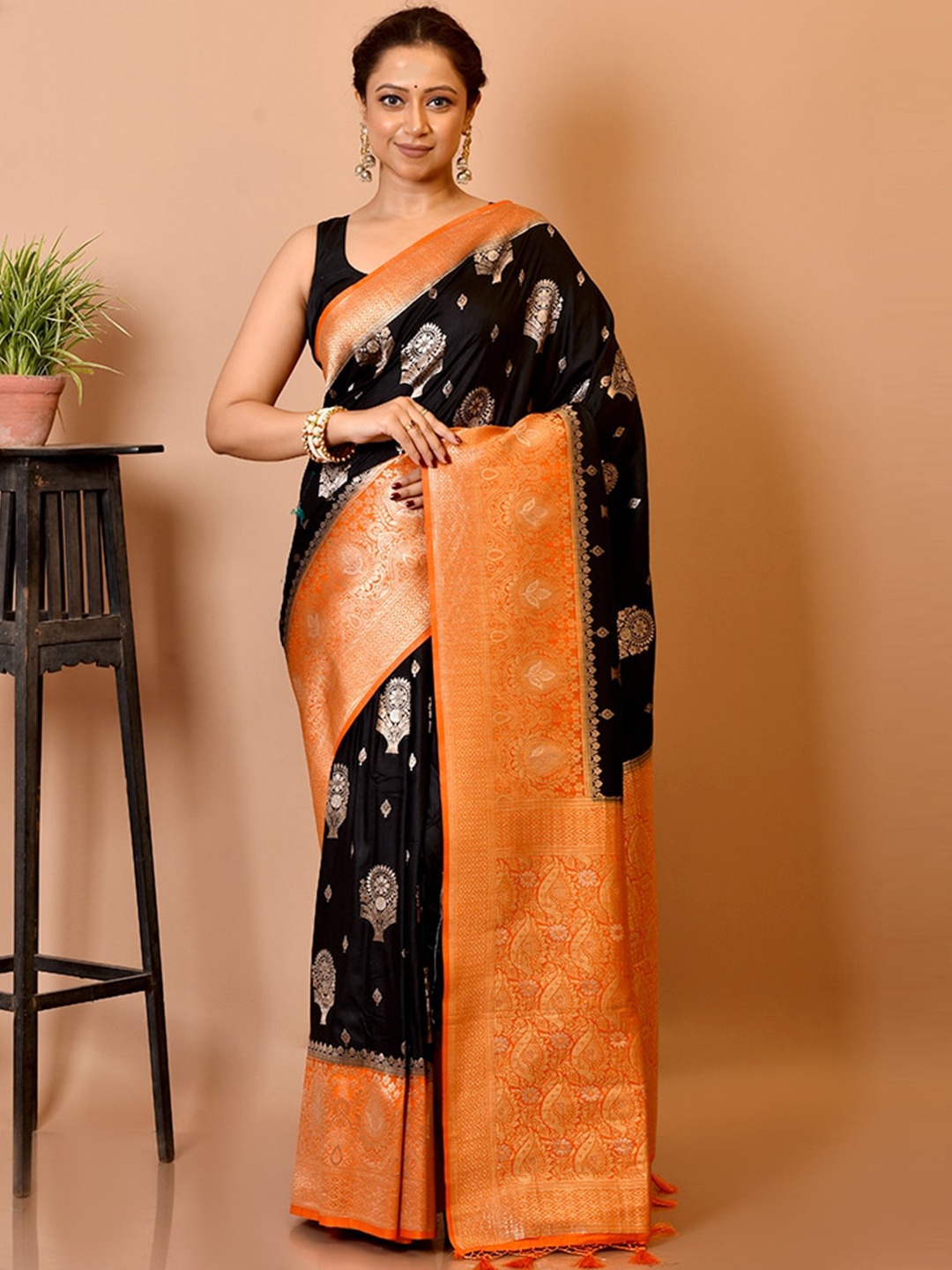 

AllSilks Black & Orange Ethnic Motifs Zari Silk Blend Saree