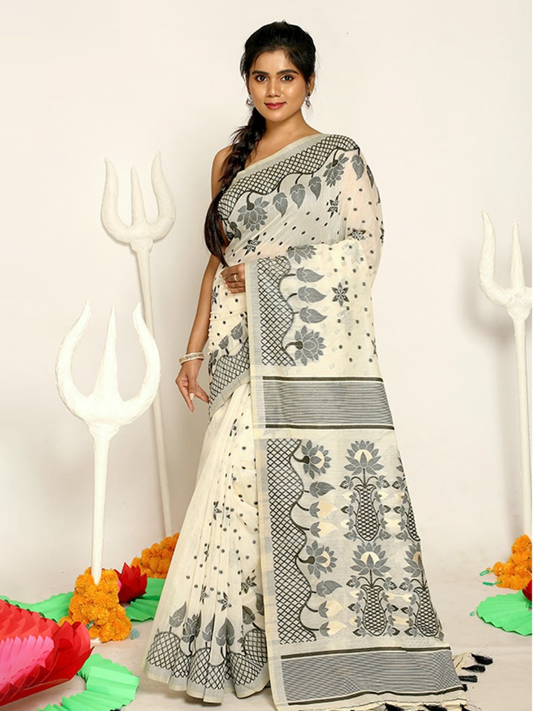 

AllSilks Off White & Black Floral Pure Cotton Saree