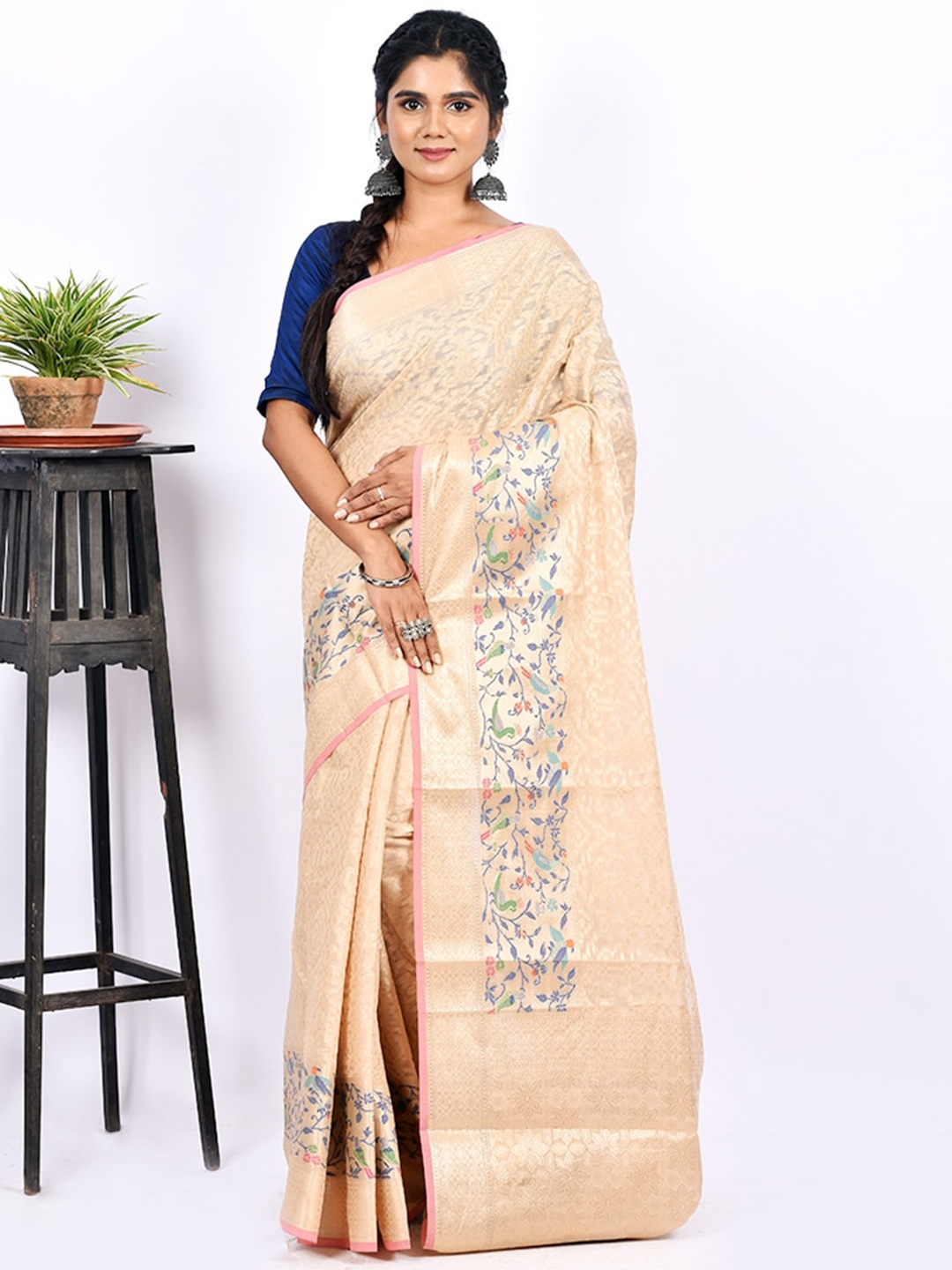

AllSilks Cream-Coloured & Pink Floral Silk Blend Saree