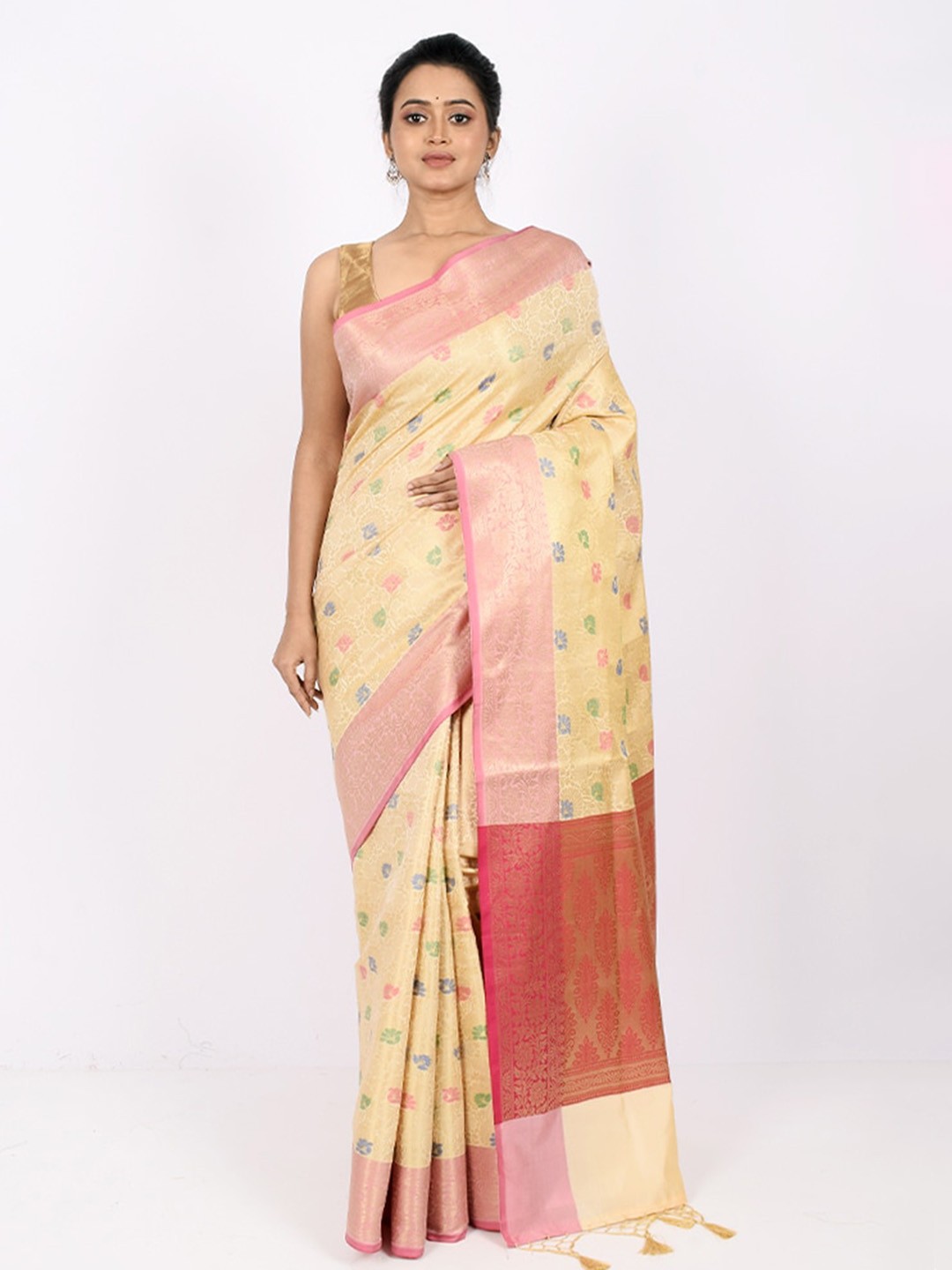 

AllSilks Cream-Coloured & Pink Floral Silk Saree