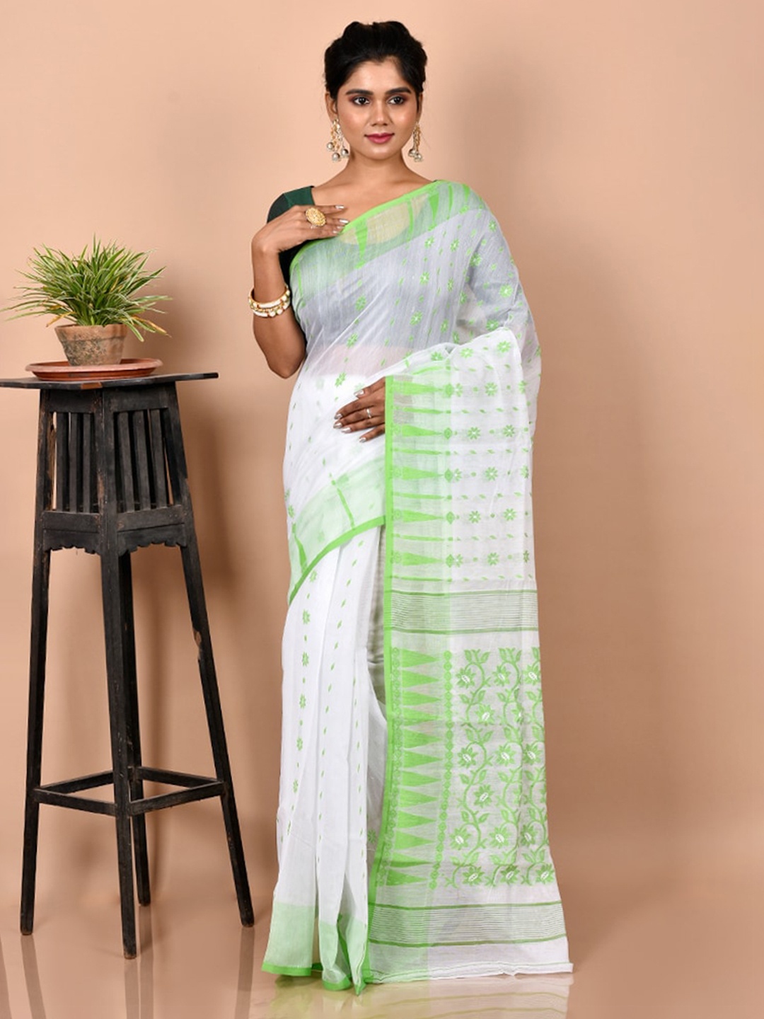 

AllSilks White & Green Ethnic Motifs Taant Saree