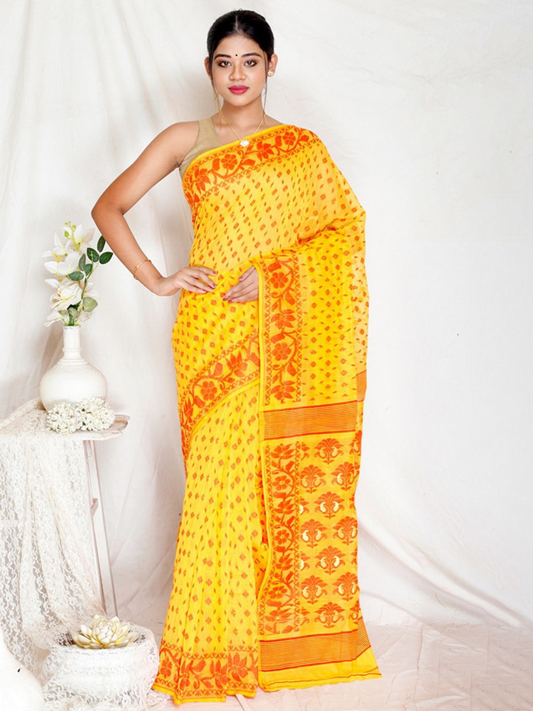 

AllSilks Yellow & Red Floral Pure Cotton Taant Saree
