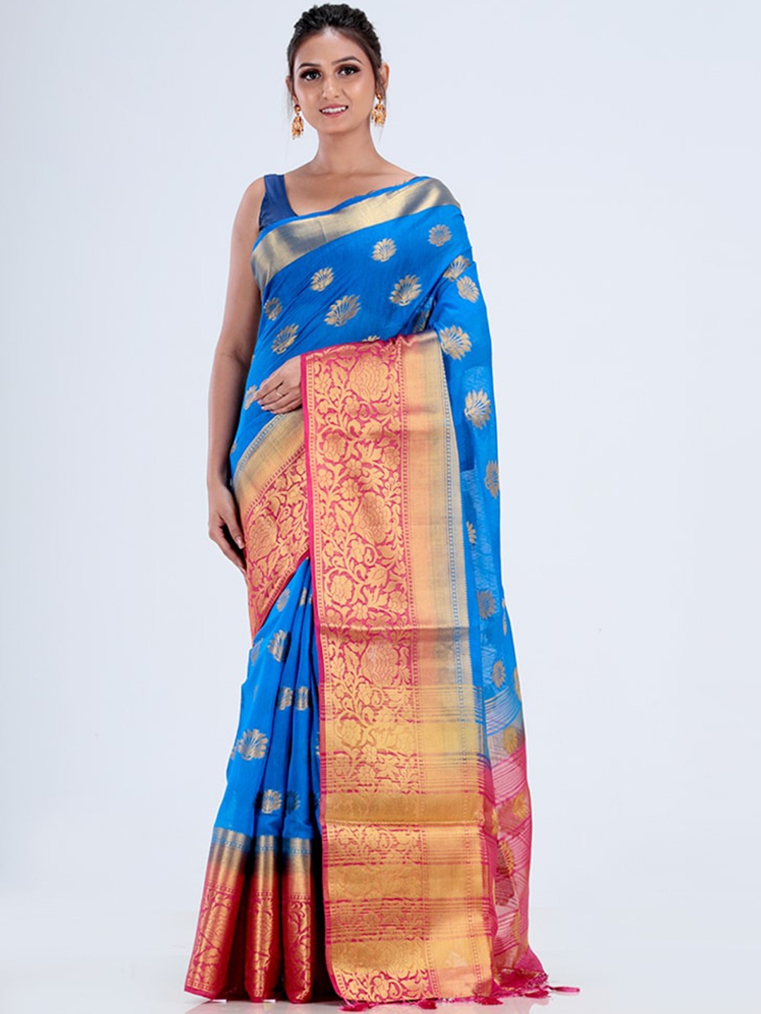 

AllSilks Navy Blue & Red Ethnic Motifs Silk Blend Saree