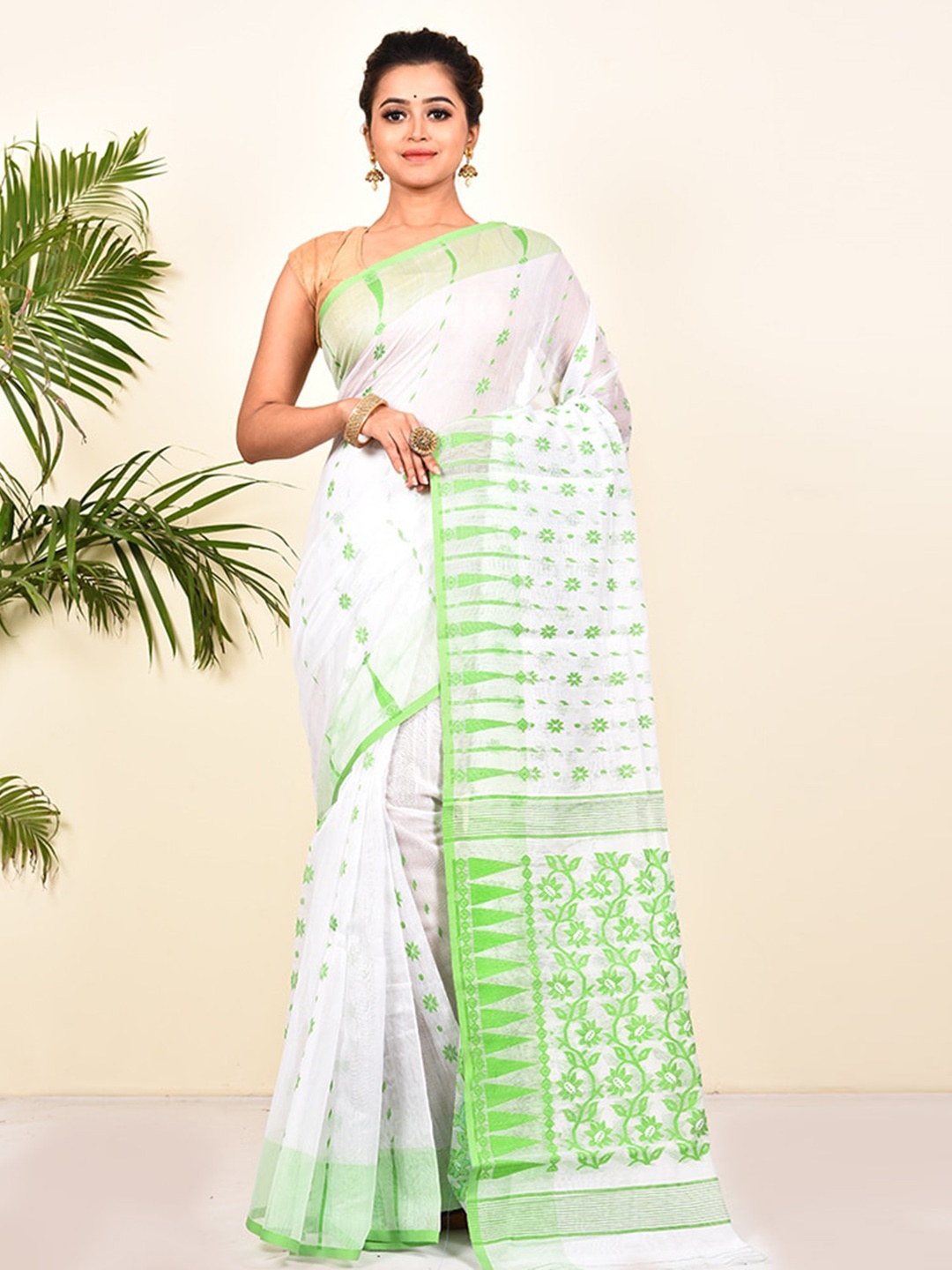 

AllSilks White & Green Ethnic Motifs Taant Cotton Saree