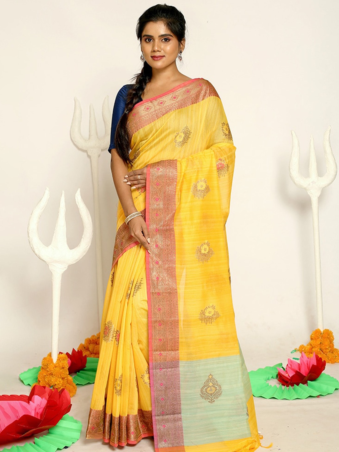 

AllSilks Yellow & Pink Ethnic Motifs Silk Blend Saree