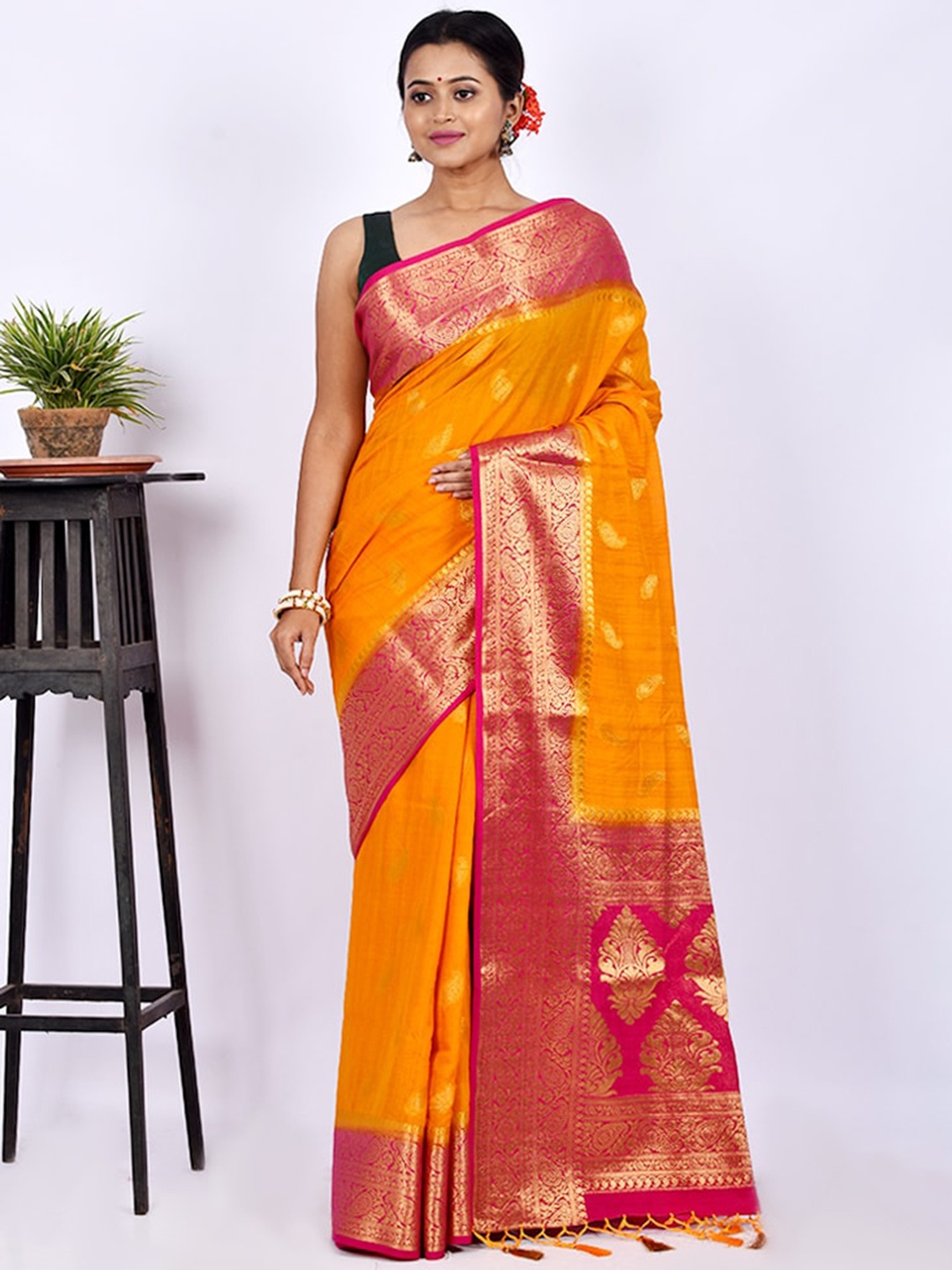 

AllSilks Mustard Ethnic Motifs Zari Saree
