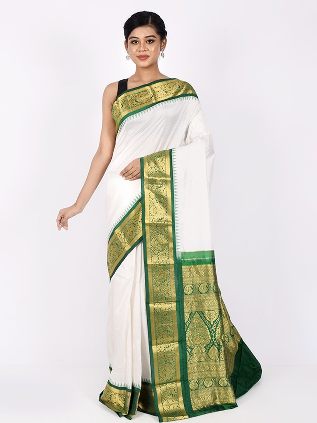 

AllSilks White & Green Zari Pure Silk Kanjeevaram Saree