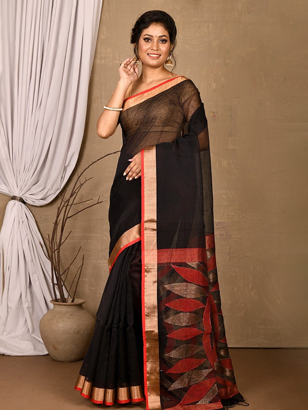 

AllSilks Black & Red Ethnic Motifs Zari Pure Cotton Saree