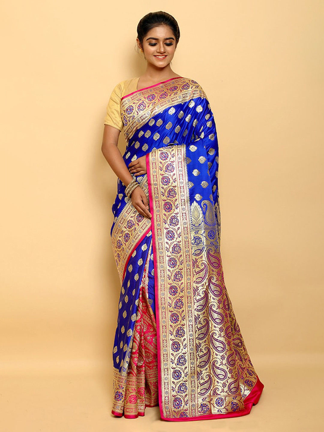 

AllSilks Blue Ethnic Motifs Zari Pure Silk Banarasi Saree