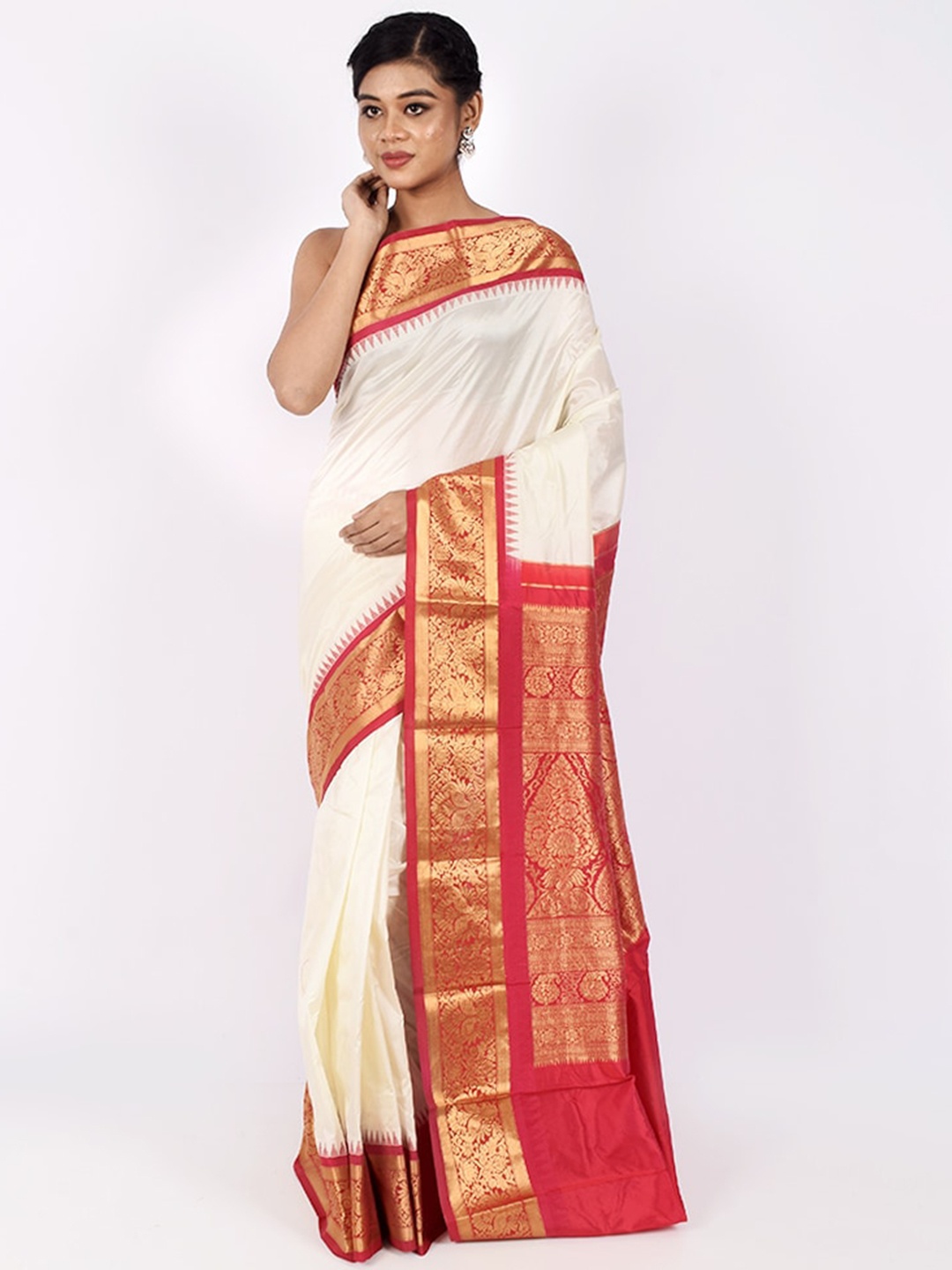 

AllSilks White Zari Pure Silk Kanjeevaram Saree