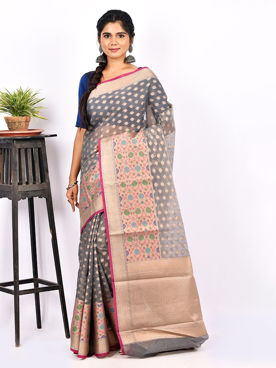 

AllSilks Grey Ethnic Motifs Saree