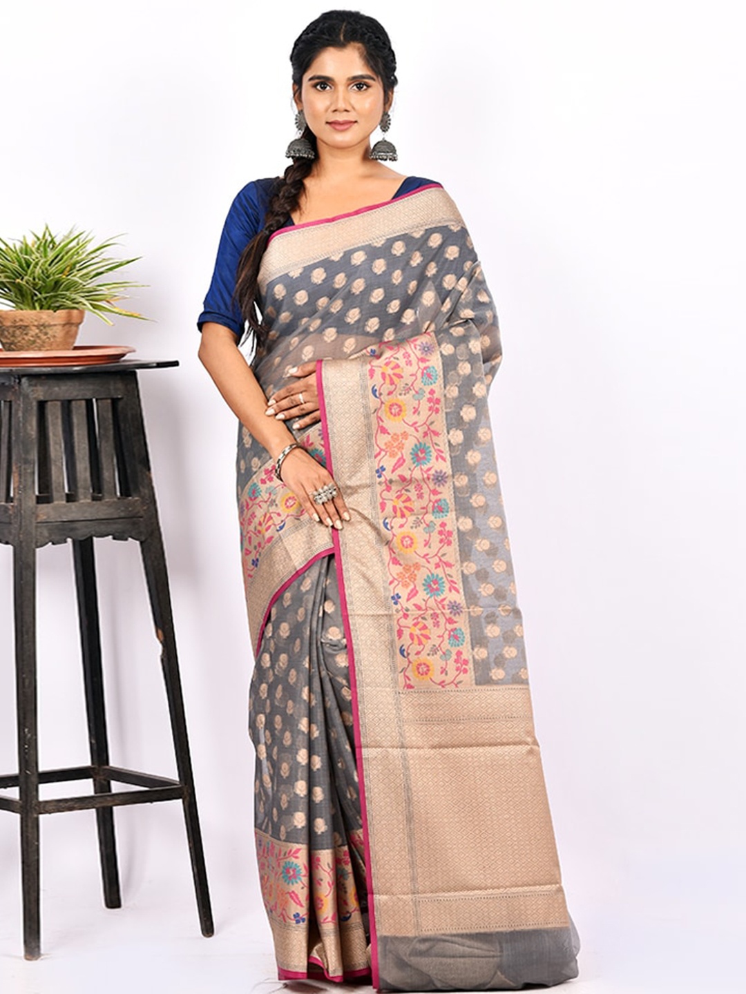 

AllSilks Grey Ethnic Motifs Saree