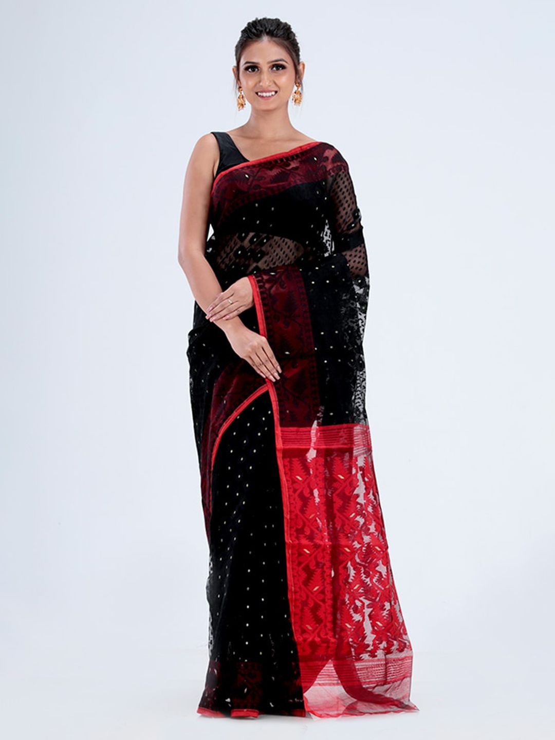 

AllSilks Black & Red Ethnic Motifs Jamdani Saree