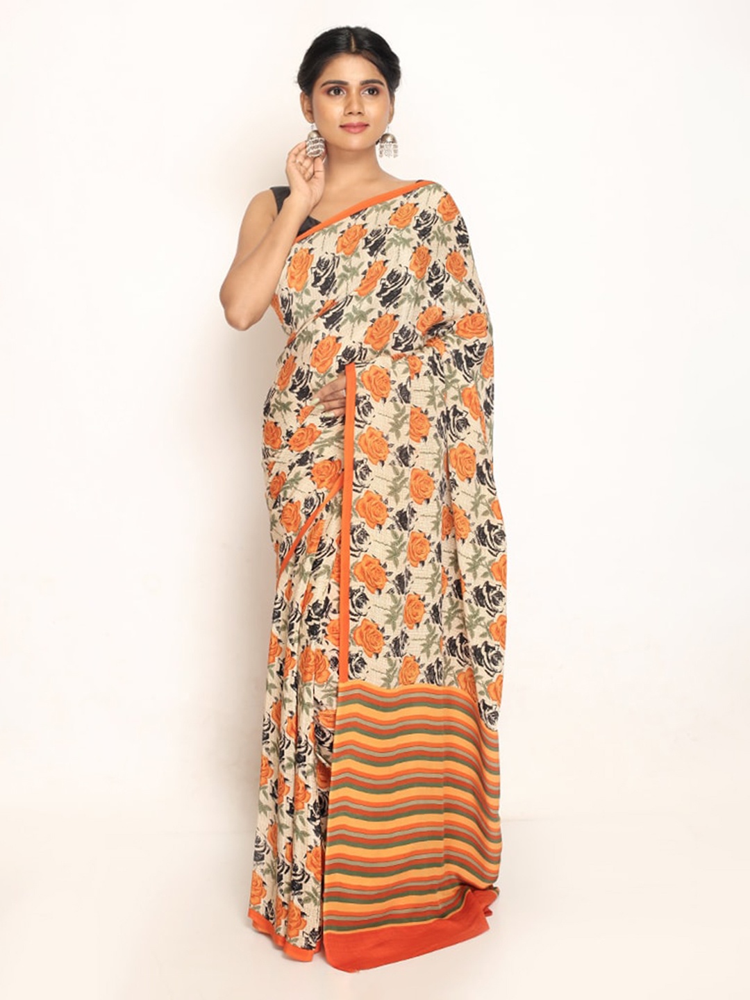 

AllSilks Cream-Coloured & Orange Floral Pure Silk Mysore Silk Saree