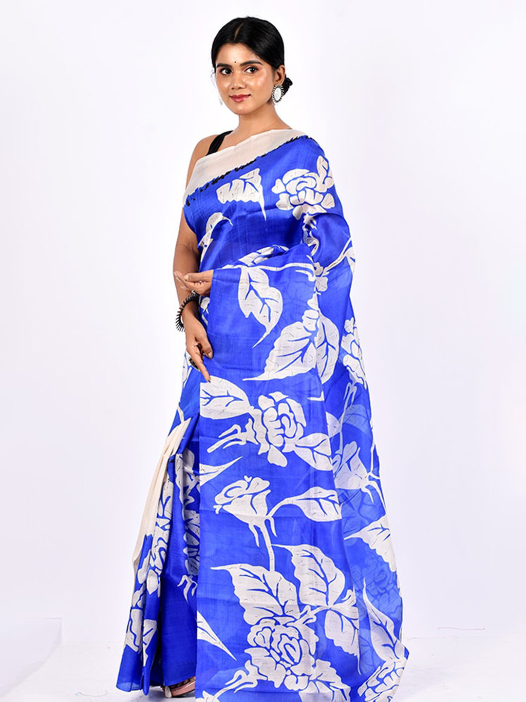 

AllSilks Blue & White Floral Pure Silk Saree