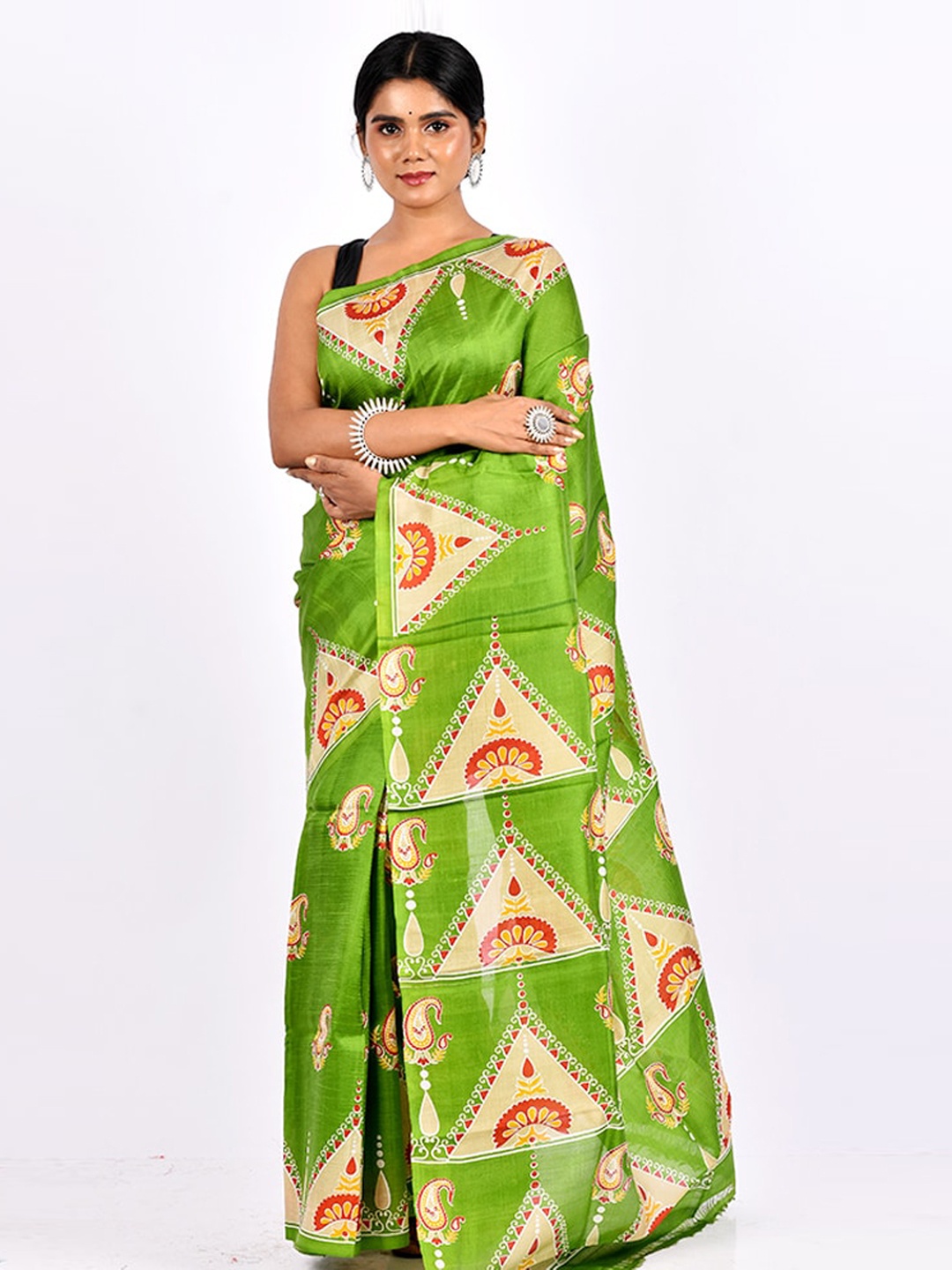 

AllSilks Green & Red Paisley Pure Silk Saree