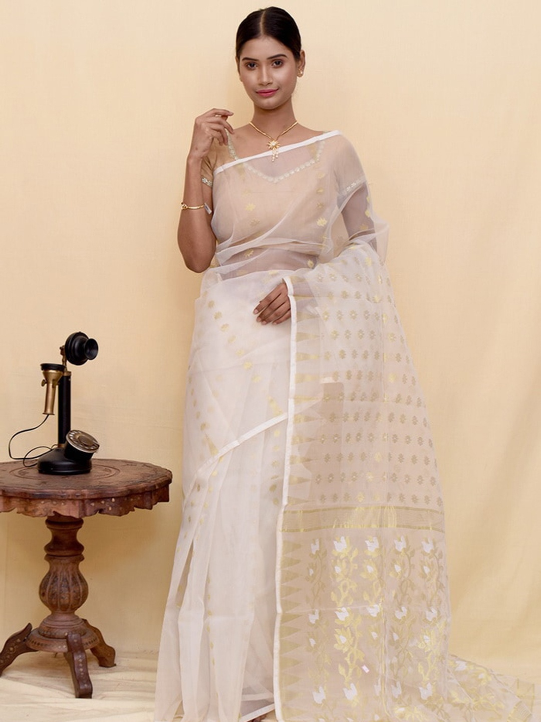 

AllSilks White Floral Taant Saree