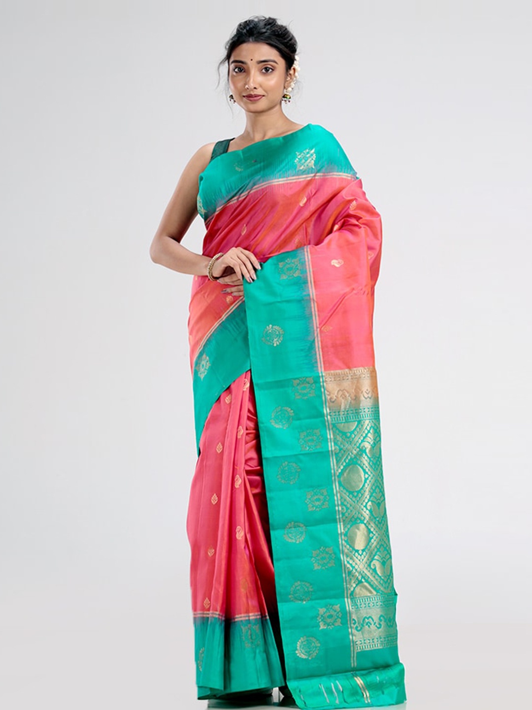 

AllSilks Pink & Sea Green Ethnic Motifs Zari Pure Silk Kanjeevaram Saree